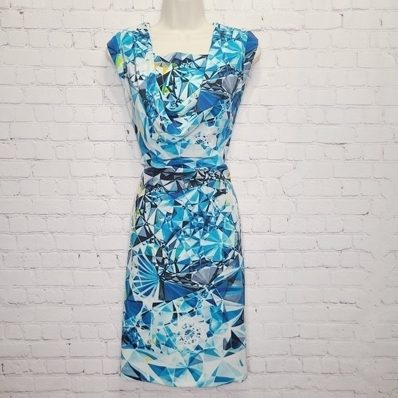 Magaschoni Dresses & Skirts - Magaschoni New York Blue Geometric Diamond‎ Print 100% Silk Cowl Neck Dress 2